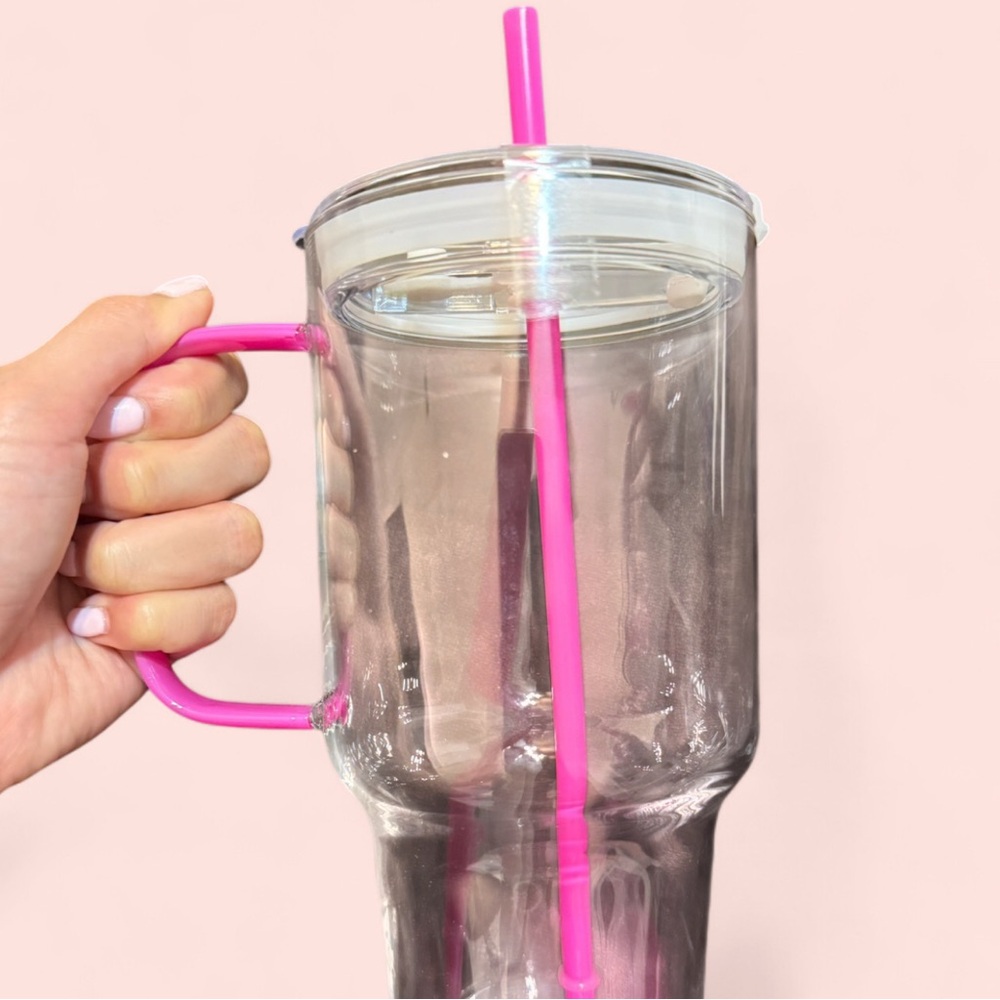 Transparent Tumbler with Pink Straw and Handle
